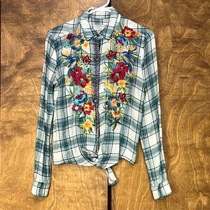 Johnny Was workshop. Nandi Estelle-Plaid button down tie-front shirt.